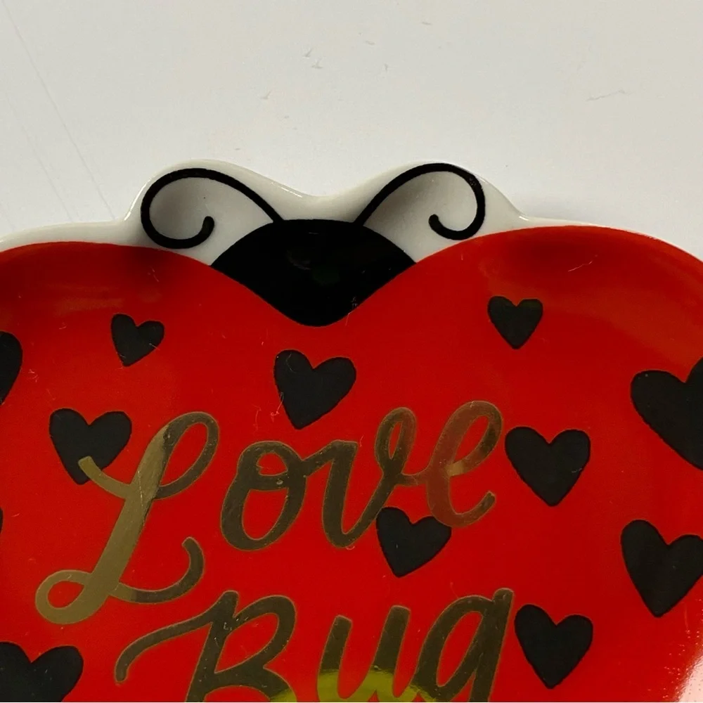 Ladybug Trinket Dish Ceramic Red Heart Valentines Decor 4” Love Bug Paper Source